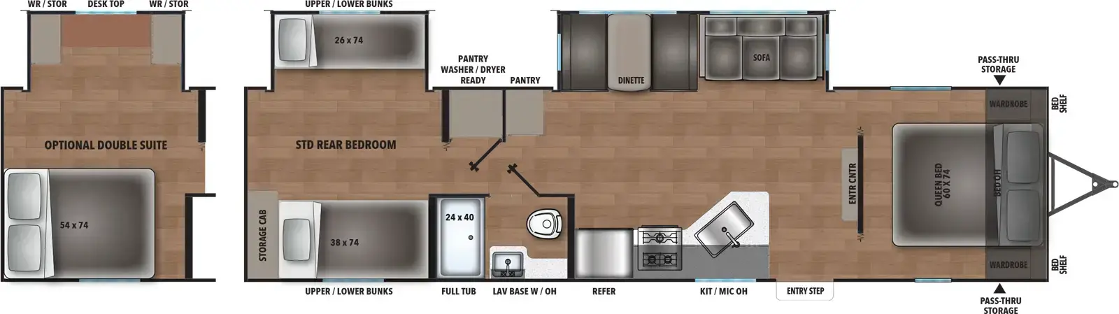 The Shasta I-5 Edition & Compact 532BEDS floorplan has one entry and two slide outs. Exterior features include: metal exterior. Interiors features include: bunk beds, front bedroom, rear bedroom and two bedrooms.